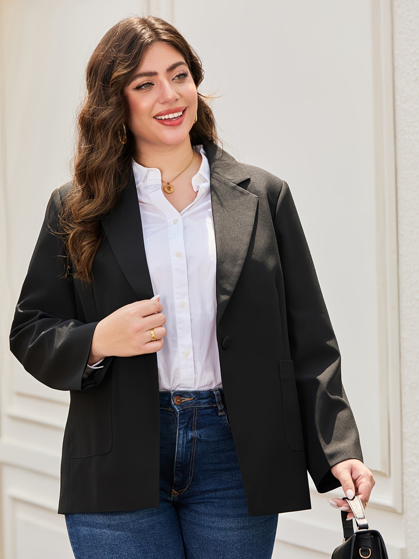 Women's Plus Size Blazer Open Front Long Sleeve Office Suit Jacket Solid Color