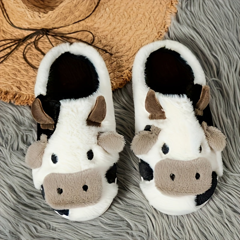 Women's Plush Cow Print Slippers Winter Comfortable Indoor Outdoor Shoes