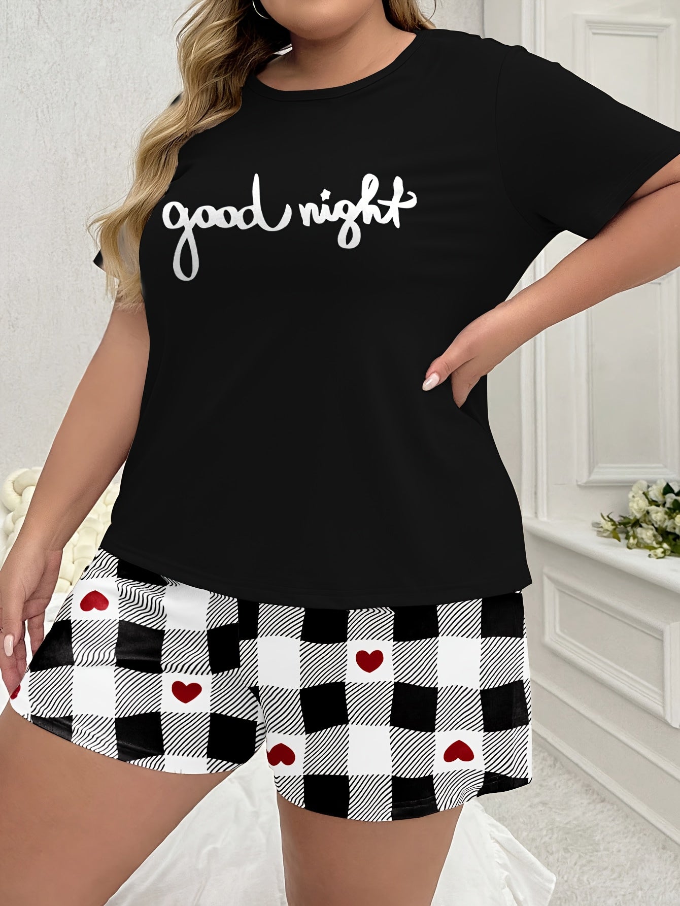 Plus Size Women's Pajama Set Short Sleeve Checkered Cartoon Print Sleepwear