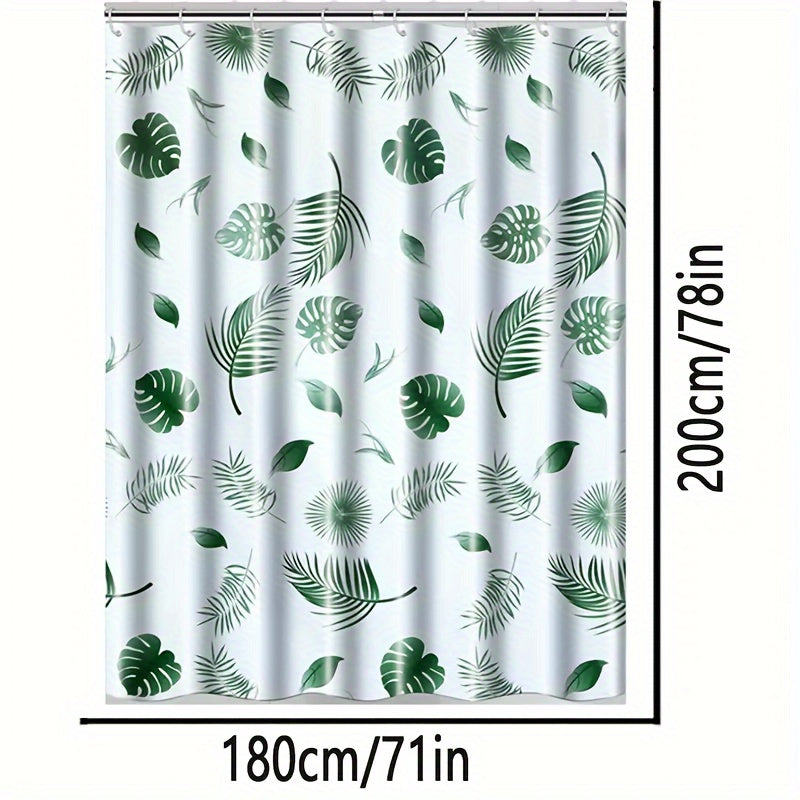 Water-Resistant Polyester Tropical Leaf Bath Liner with Hooks for Bathroom Decor