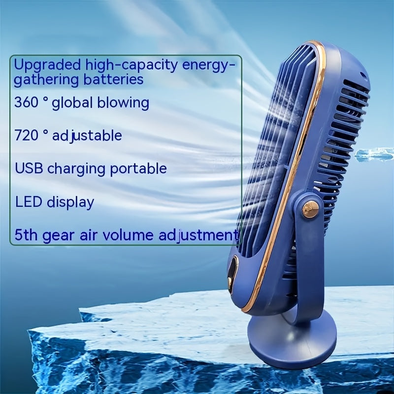 Portable Mini Fan with Digital Display, 5-Speed, USB Rechargeable for Travel and Office
