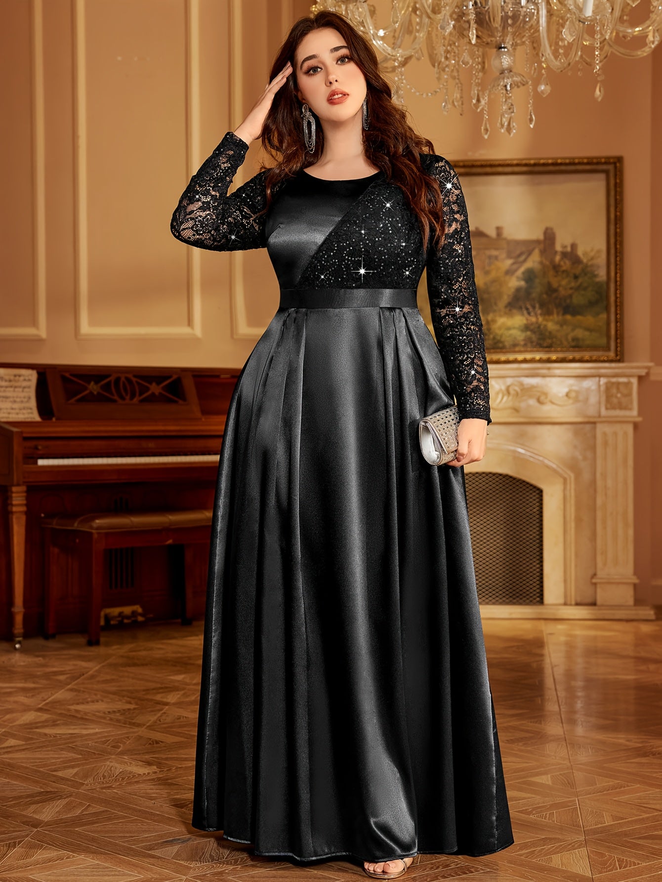 Plus Size Women's Satin Lace Wedding Dress Sequin Embellished Mermaid Evening Gown