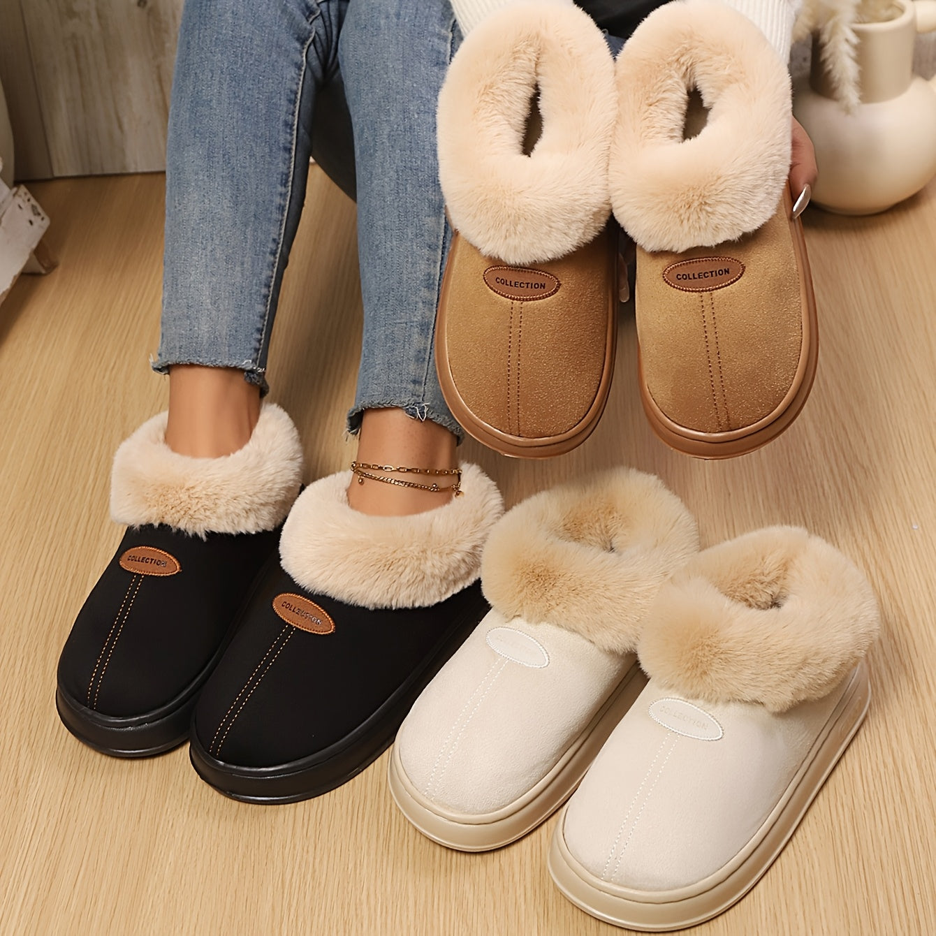 Women's Snow Boots Faux Fur Thick Sole Non-Slip Indoor Outdoor Slippers