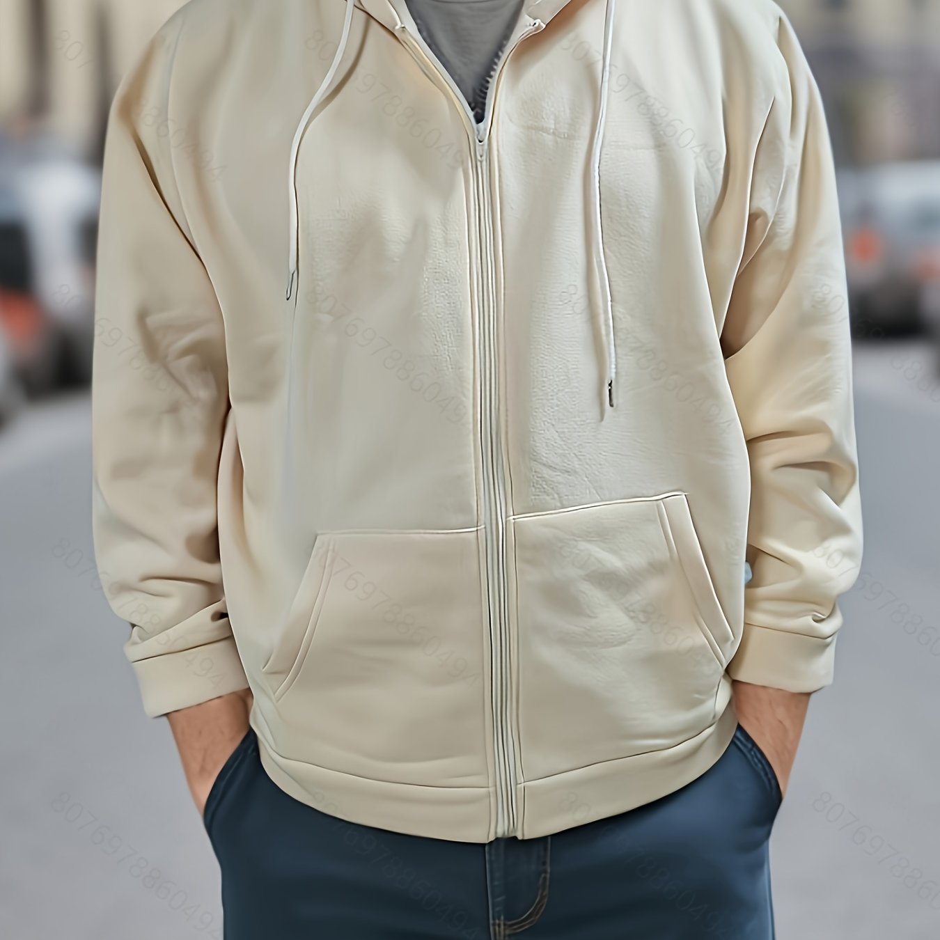 Sudadera de talla grande en marrón oscuro para hombres con bolsillos con cierre de cremallera y mezcla de poliéster