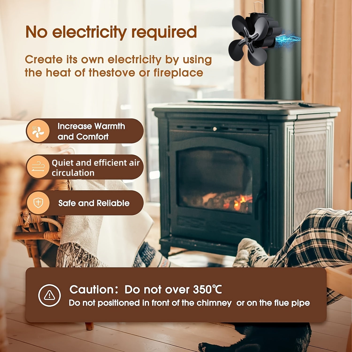 Silent High-Performance 4-Blade Magnetic Fireplace Fan for Wood Stoves and Log Burners