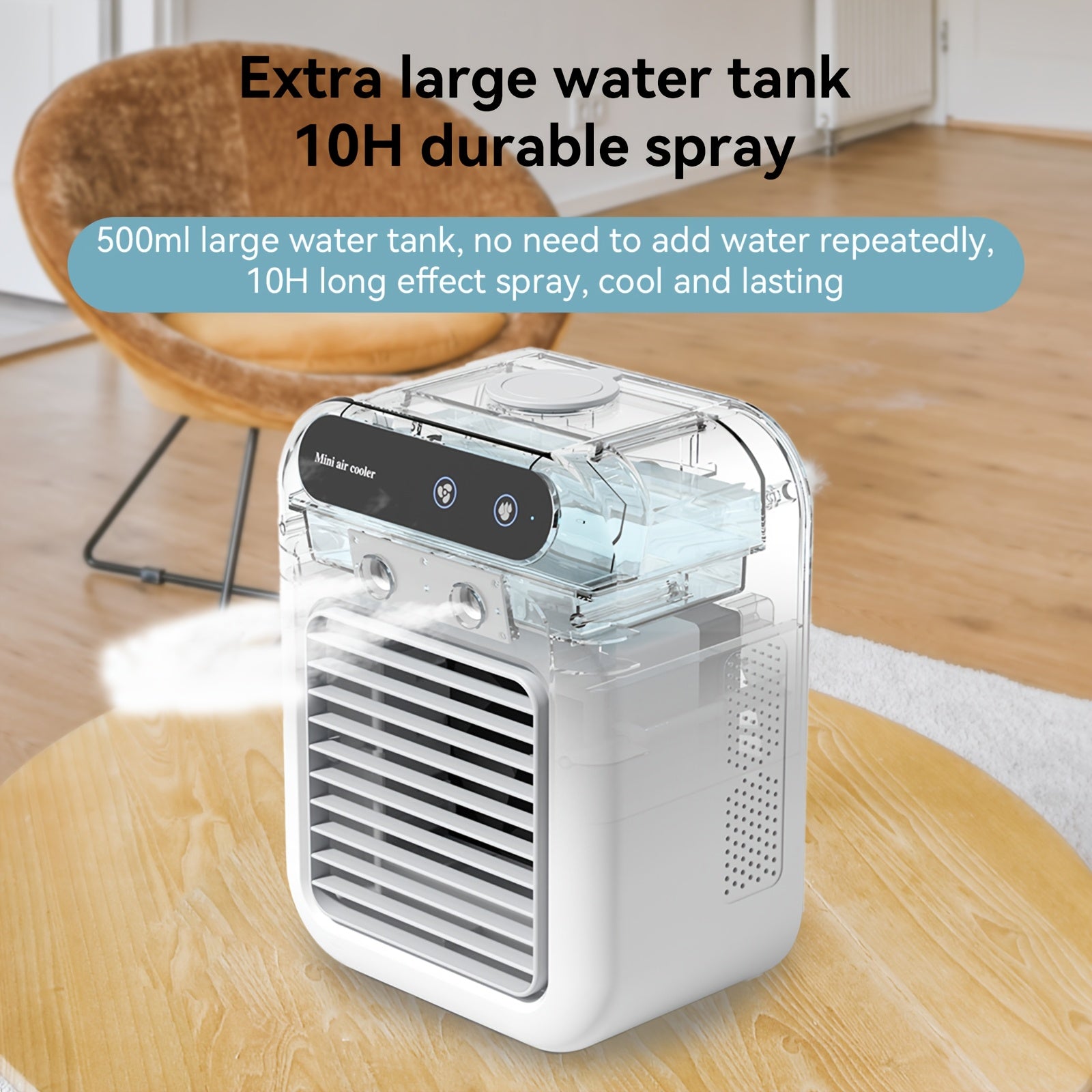Portable Desktop Cooler Fan with Mist, 2 Gear Settings, 500ml Water Tank, USB Rechargeable