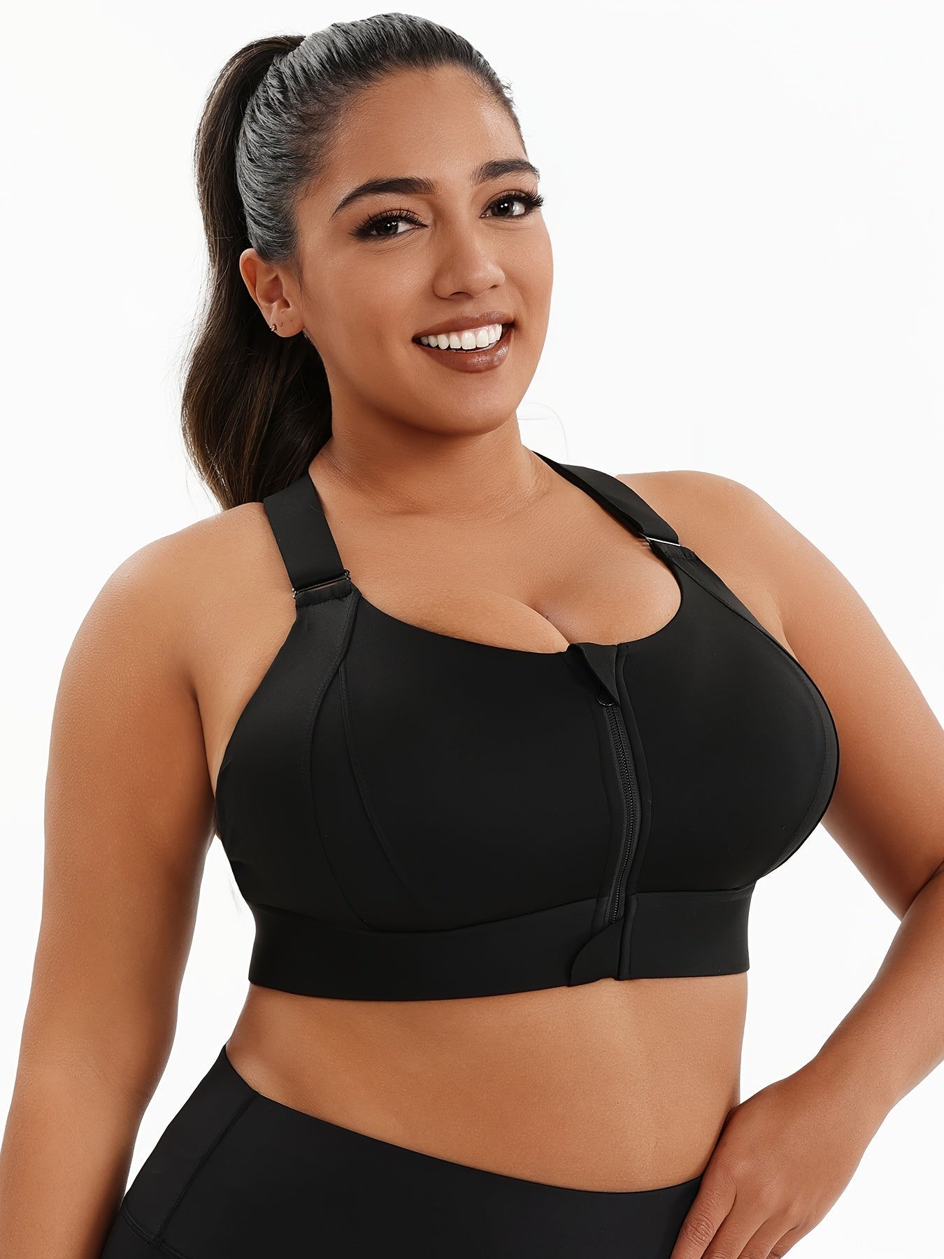 Plus Size Sports Bra with Zipper High Impact Support Adjustable Straps