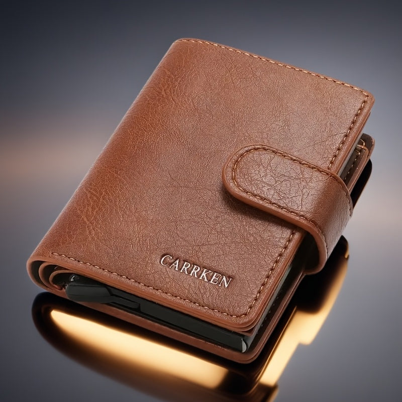Billetera bifold de cuero sintético para hombres con tarjetero emergente automático, tarjetero delgado, regalo para hombres