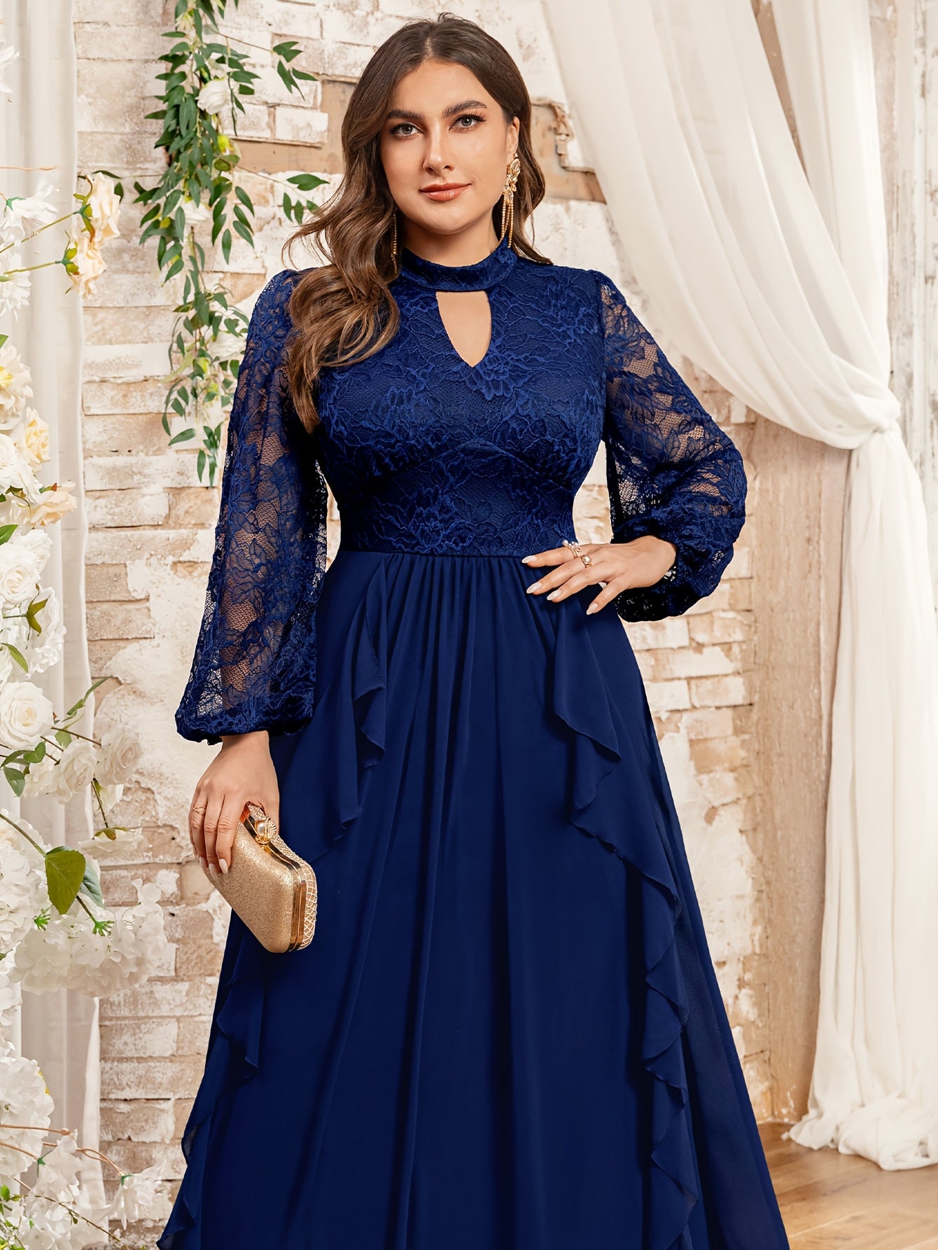 Plus Size Women Long Gown Lace Ruffled Hem Formal Evening Dress