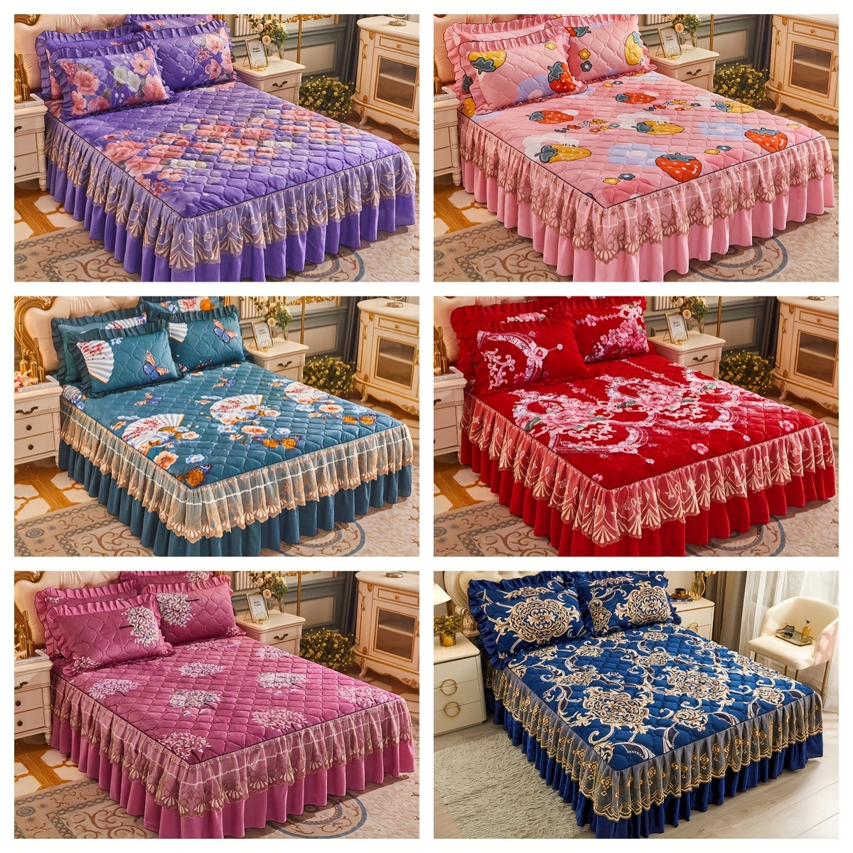 Luxurious Crystal Velvet Bed Skirt Set with Floral Pillowcases Non-Slip Full Coverage