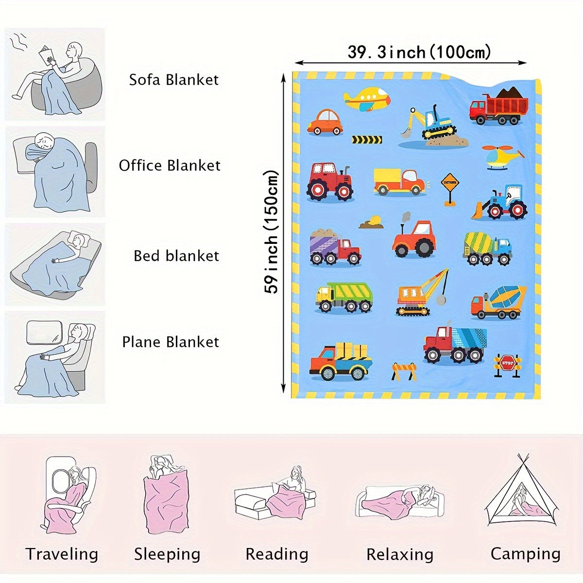 Baby Boys and Girls Lightweight Flannel Velvet Blue Truck Car Blanket 40x50 Inches