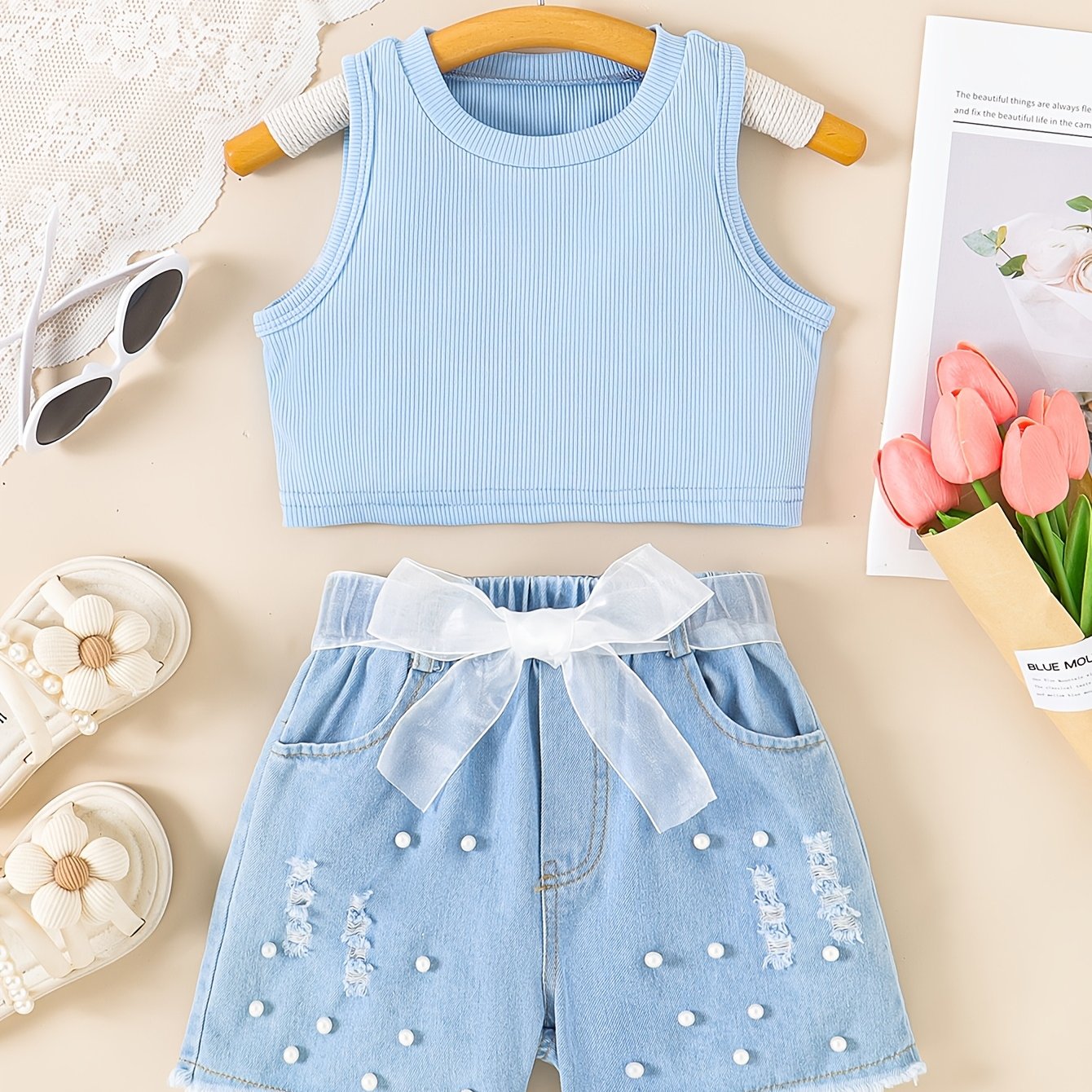 Qizlar uchun tank top va marvarid dizaynli shortlar to'plami, yozgi har kuni kiyish uchun mukammal. Qizlar uchun ajoyib sovg'a g'oyasi.