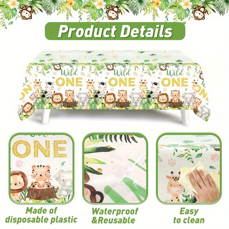 Disposable Jungle Animal Tablecloth for First Birthday Party Baby Shower 130cm x 221cm