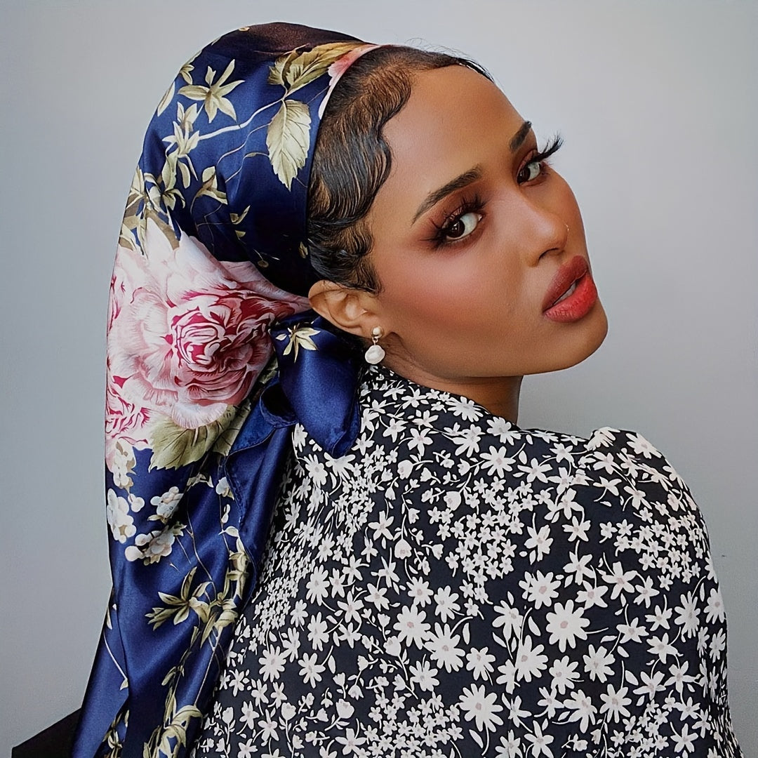 Colorful Block Printed Square Scarf 69.85cm Satin Neck Headscarf for Women