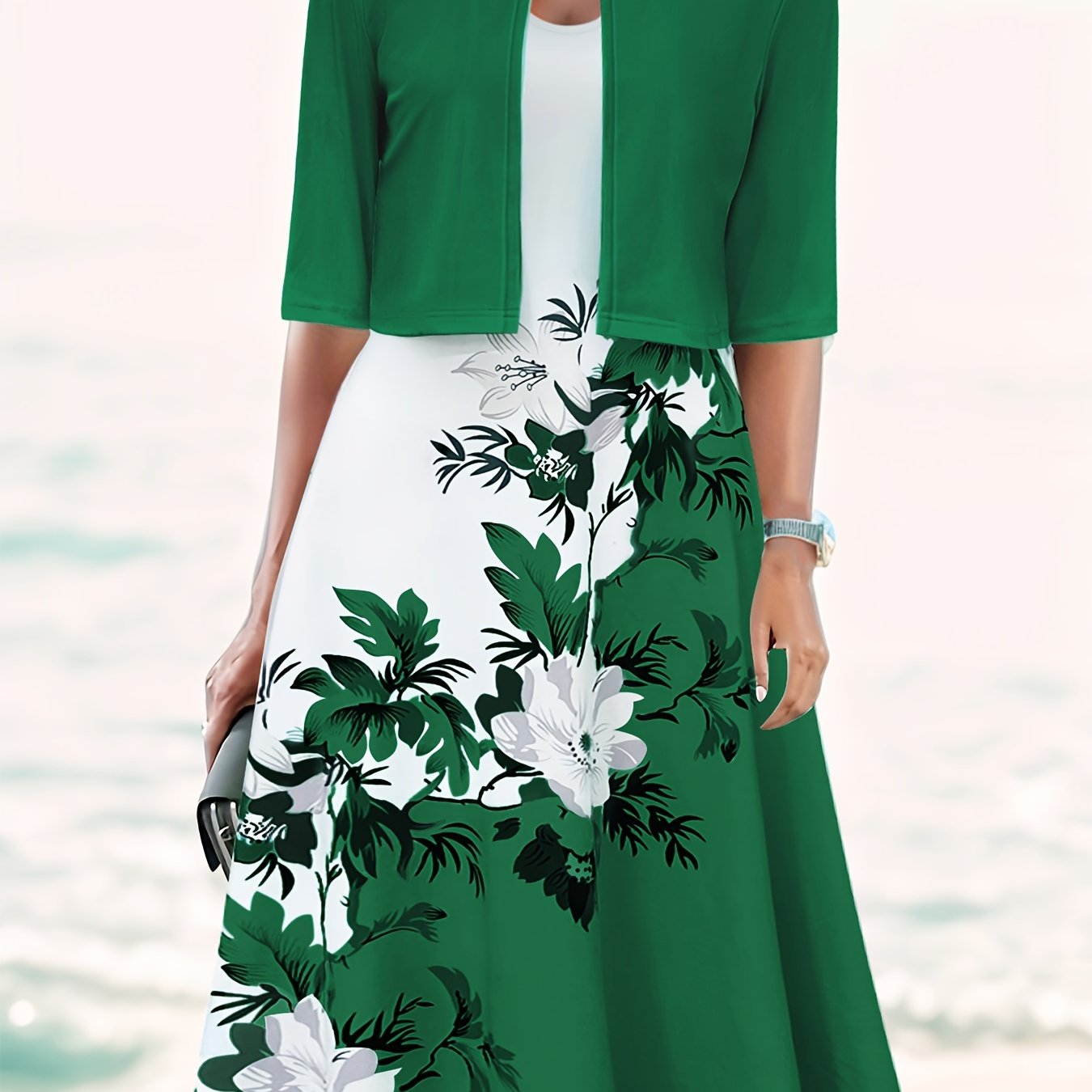 Women's Floral Print Dress Set with Cardigan and Sleeveless Cami for Spring Summer