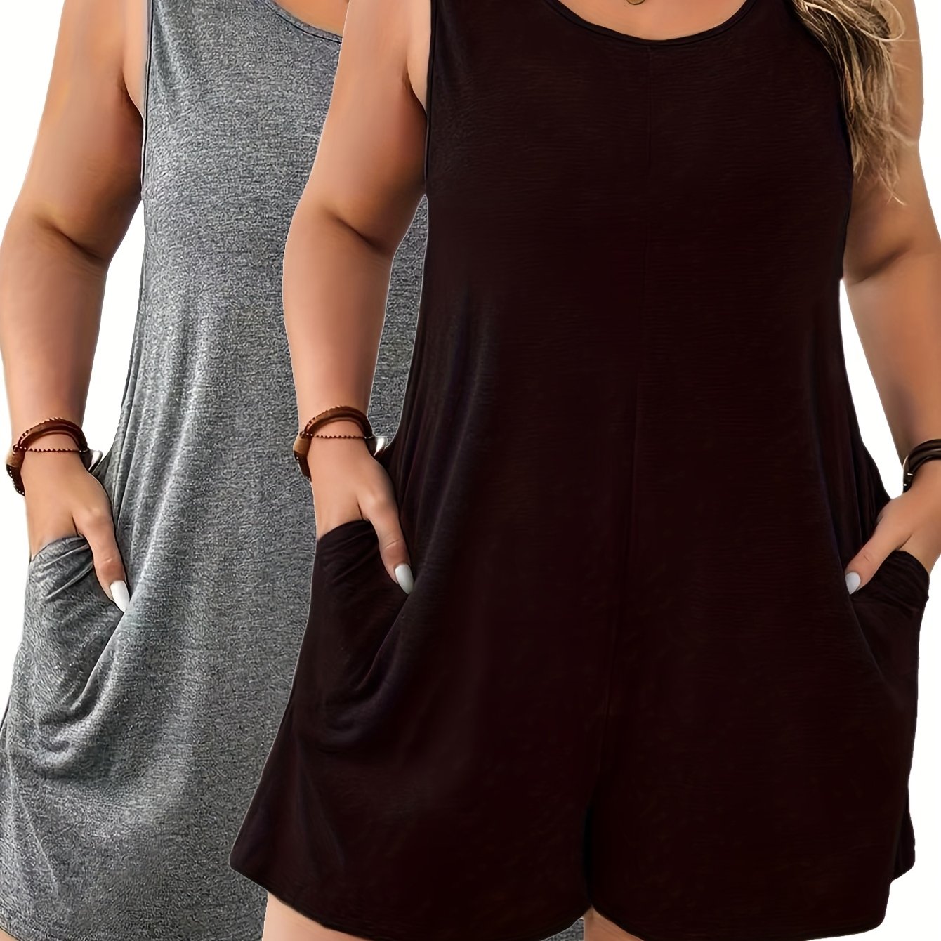 Plus Size Women's Solid Color Sleeveless Jumpsuit Two-Piece Set