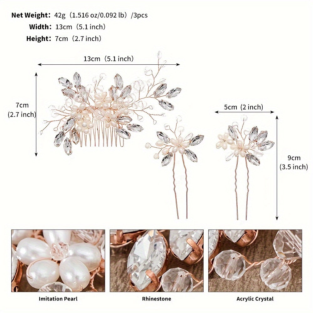 Pack of 3 Bridal Hair Accessories Faux Pearl Floral Hair Comb and Crystal Hair Pins