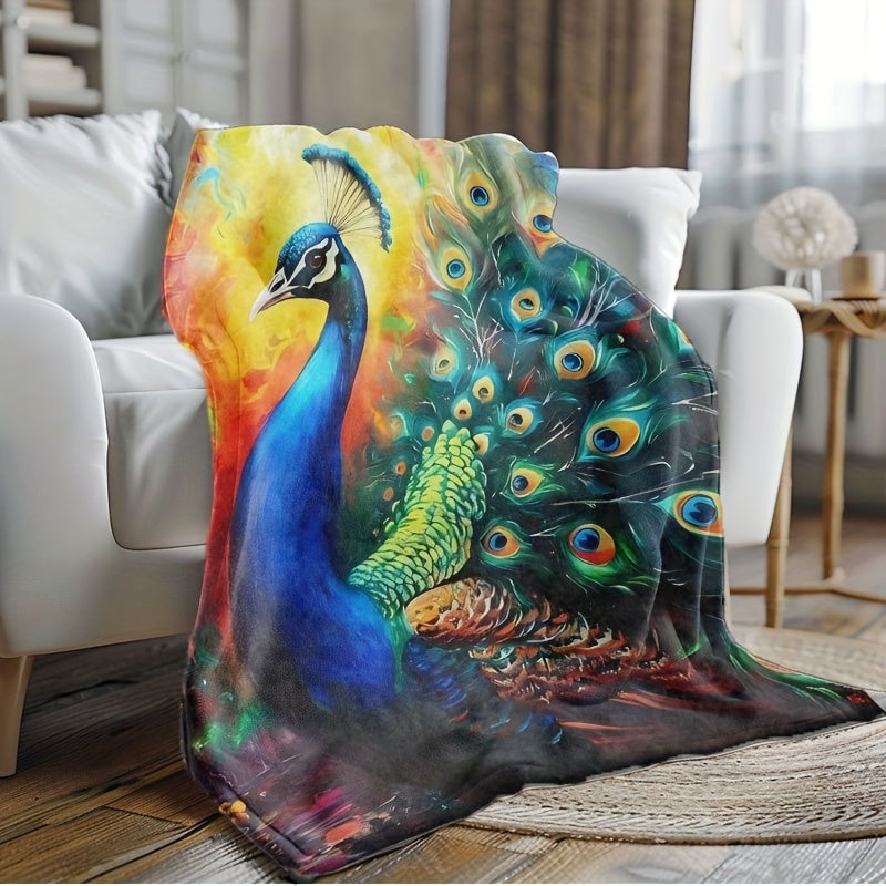 Peacock Print Flannel Throw Blanket for All Seasons Hand Washable Stylish