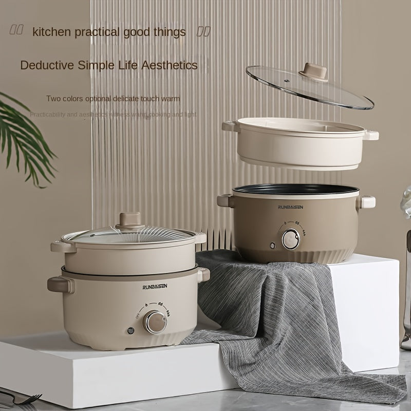 Ikkita qatlamli elektr ovqat pishirish qozoni, uy, RV, yotoqxonalarda foydalanish uchun bug'lash panjarasi bilan, yopishqoq bo'lmagan qovurish panasi va bug'lagich sifatida funksiyalari mavjud.