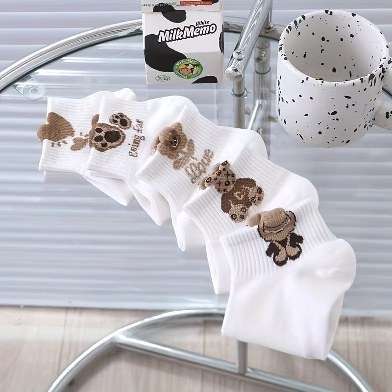 Calcetines cortos para mujer, 5 pares, oso de dibujos animados, café, poliéster transpirable