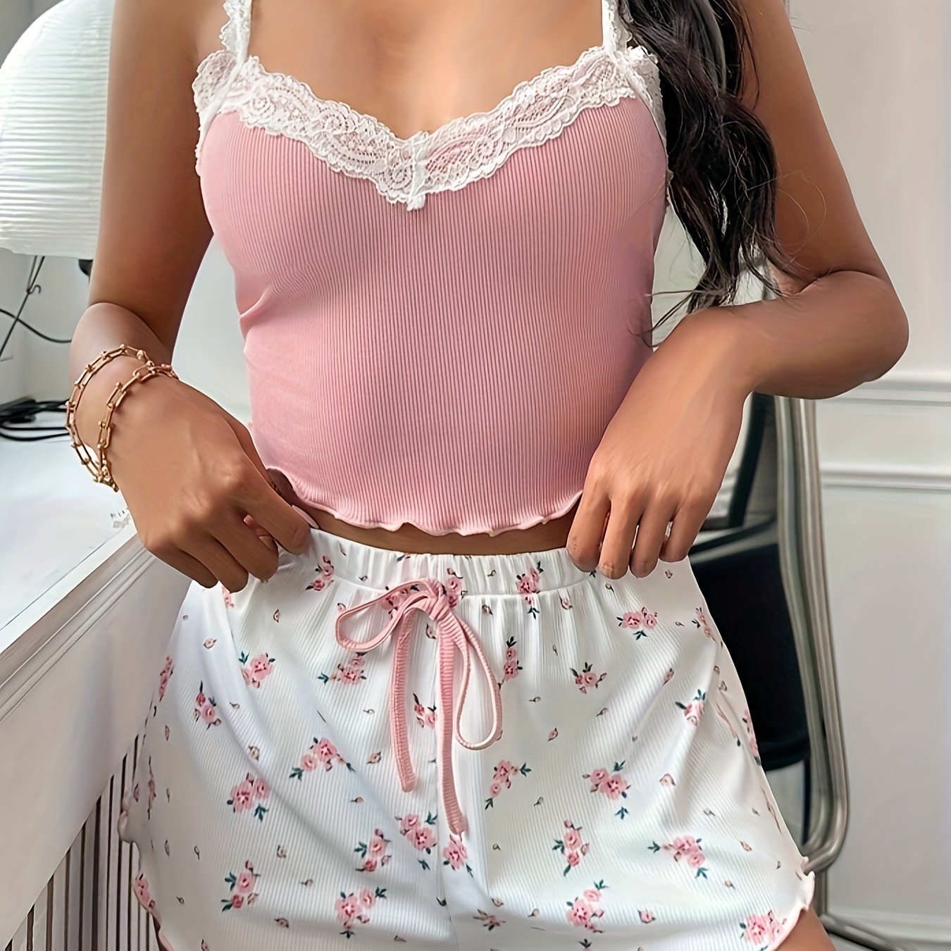 Floral Pajama Set for Adults with Lace Trim and V-Neck Polyester Sleepwear for Spring Summer