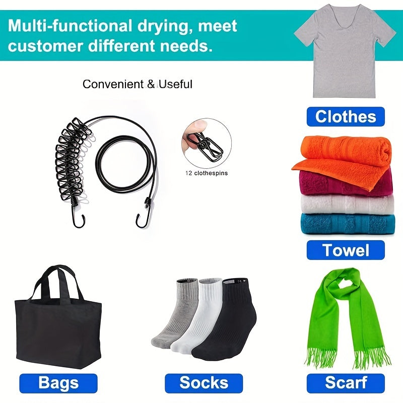 Portable Clothesline with 12 Clothespins Indoor Outdoor Drying Rope