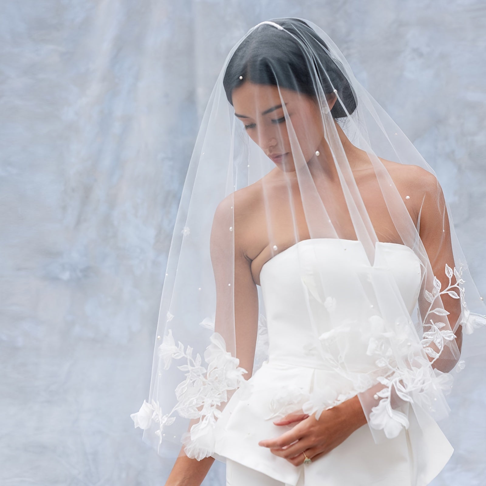 Double-Layered Wedding Bridal Veil with 3D Floral Appliques and Beading Soft Polyester