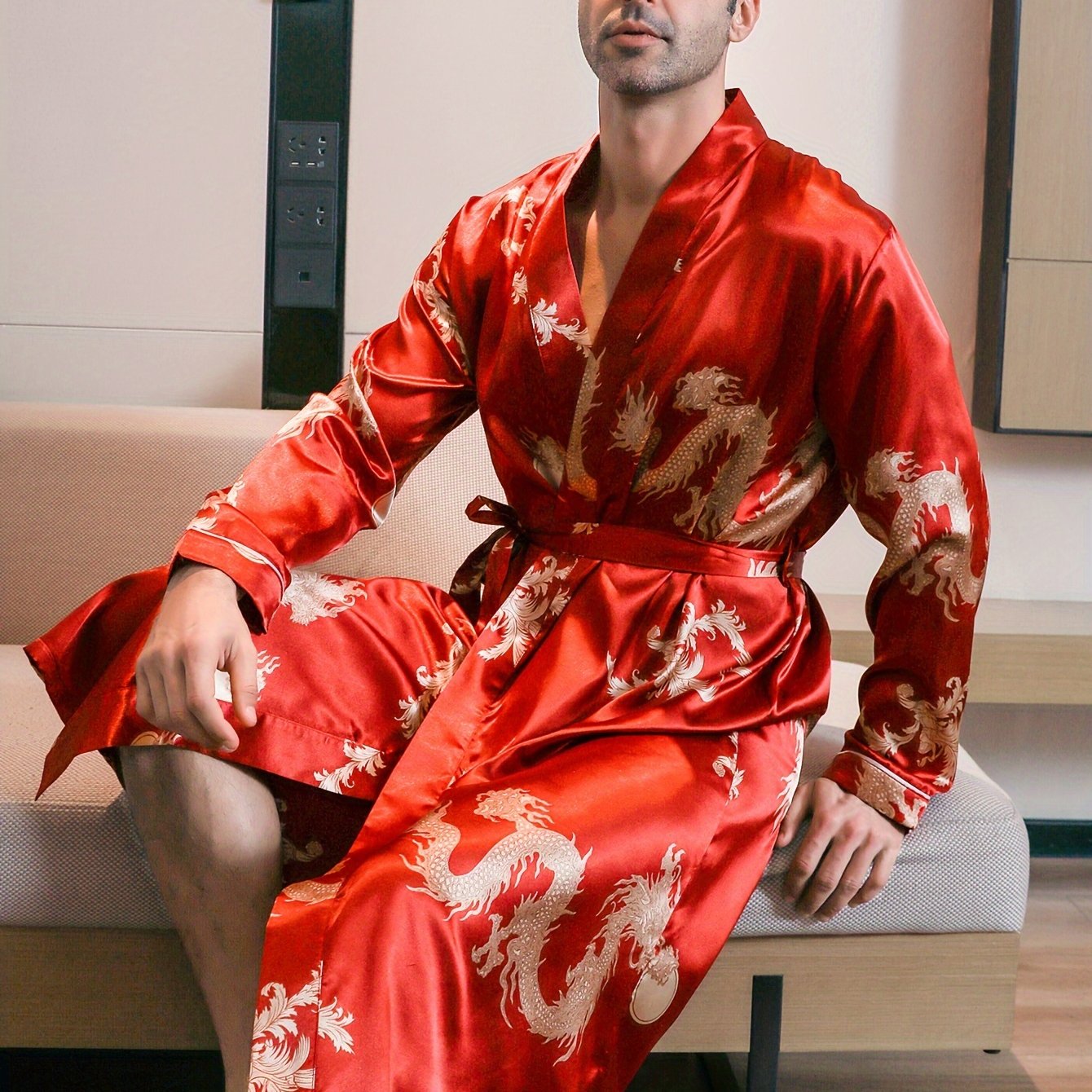 Men's Long Sleeve Robe with Golden Dragon Print Casual Pajama Loungewear Polyester