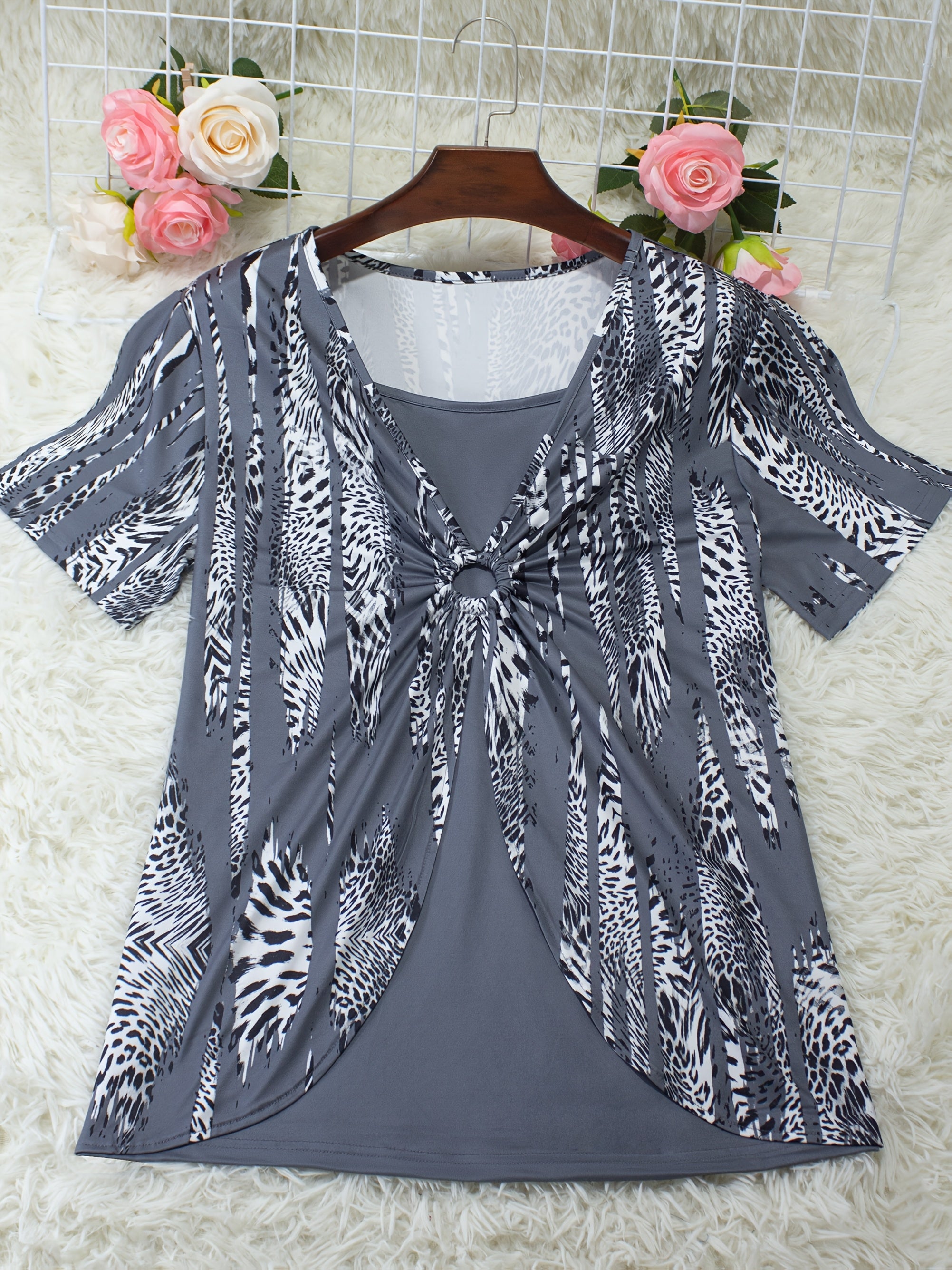 Plus Size Women's Short Sleeve T-Shirt Ethnic Print Faux Two-Piece Bow Ring