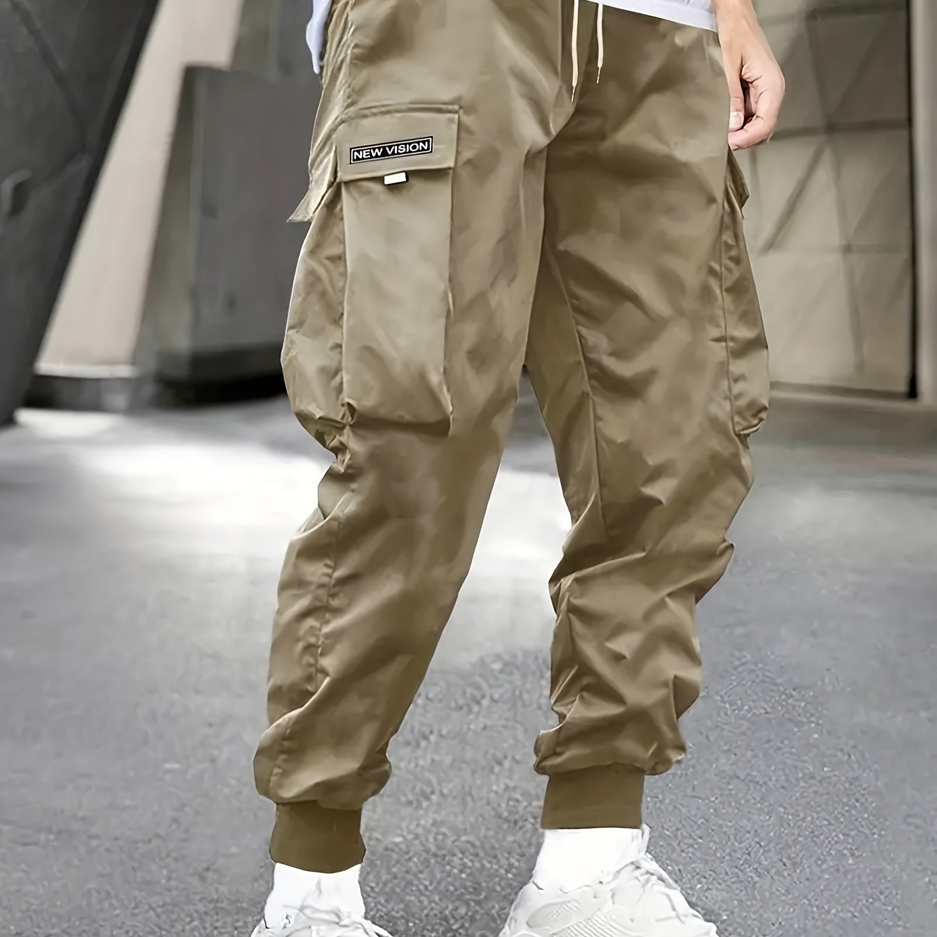 Plus Size Men's Cargo Joggers Woven Polyester Casual Drawstring Solid