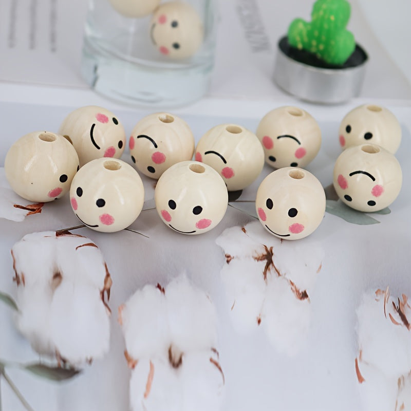 Round Wooden Beads with Happy Face Pattern for DIY Jewelry and Crafts 10mm 12mm 14mm 16mm 25mm Pack of 20 50 or 100