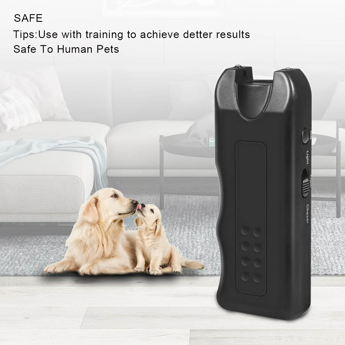 Portable Battery-Powered Dog Repellent Device with Soundwave Technology and LED Light