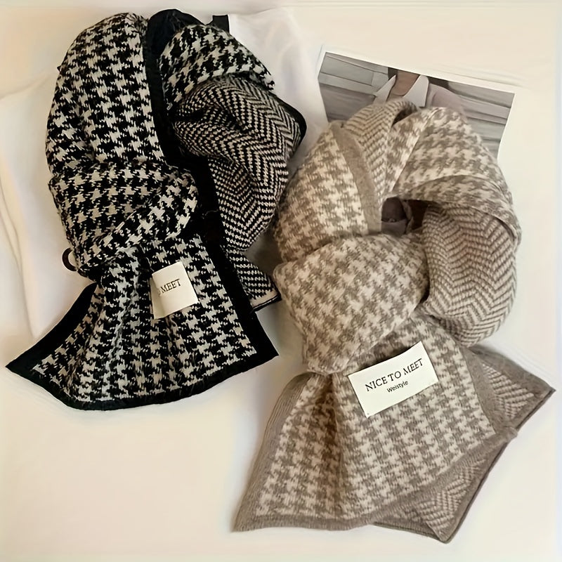 Black and White Houndstooth Scarf Thick Cozy Winter Fleece Wrap