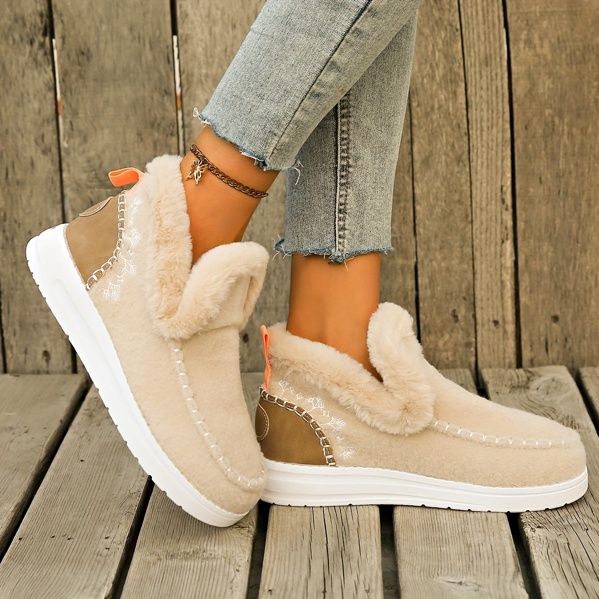 Women's Plush-Lined Ankle Boots Warm Faux Furry Casual Slip-On Shoes