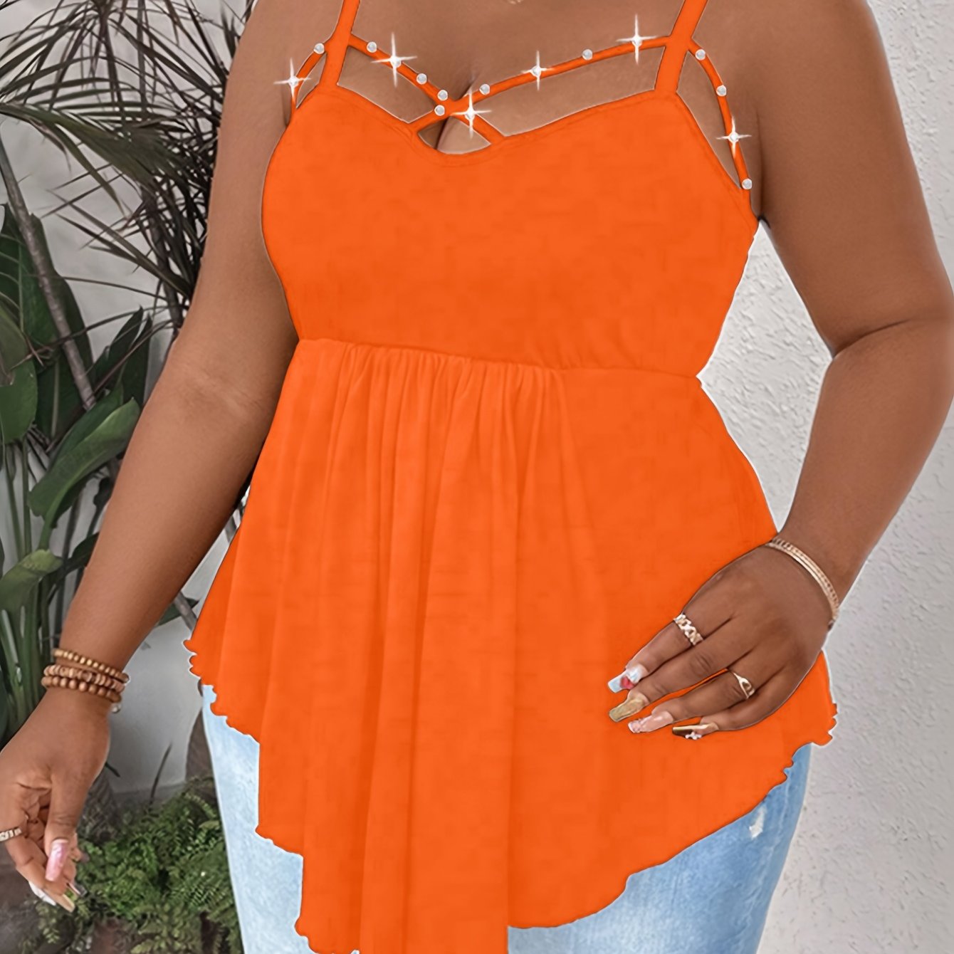 Women's Plus Size V-Neck Cami Top Sleeveless Asymmetrical Pearl