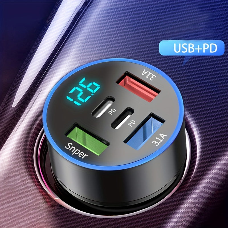 5-in-1 Car Charger with LED Display USB-C PD Quick Charge 3.0 Fast Charging