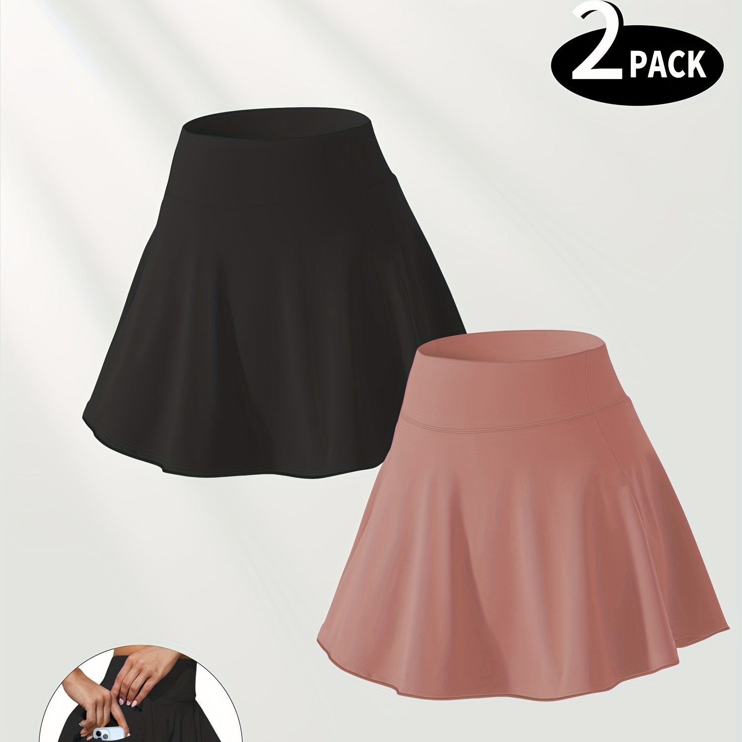 Falda deportiva de punto de poliéster con vuelo para mujer en verano, color sólido, con bolsillo lateral