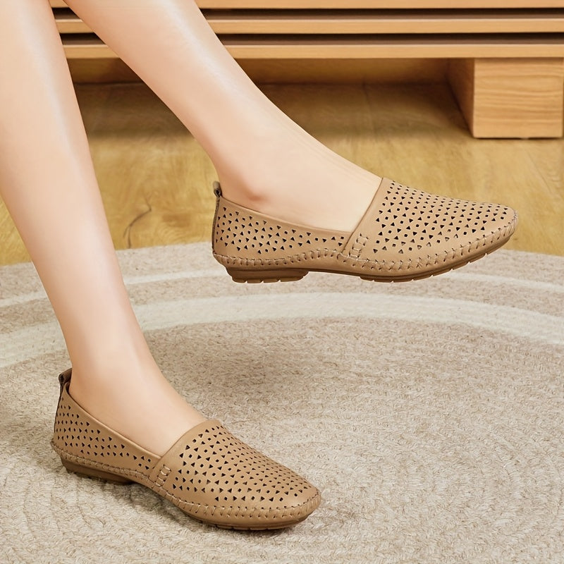 Women's Breathable Slip-On Loafers Casual Solid Color Hollow-Out Shoes