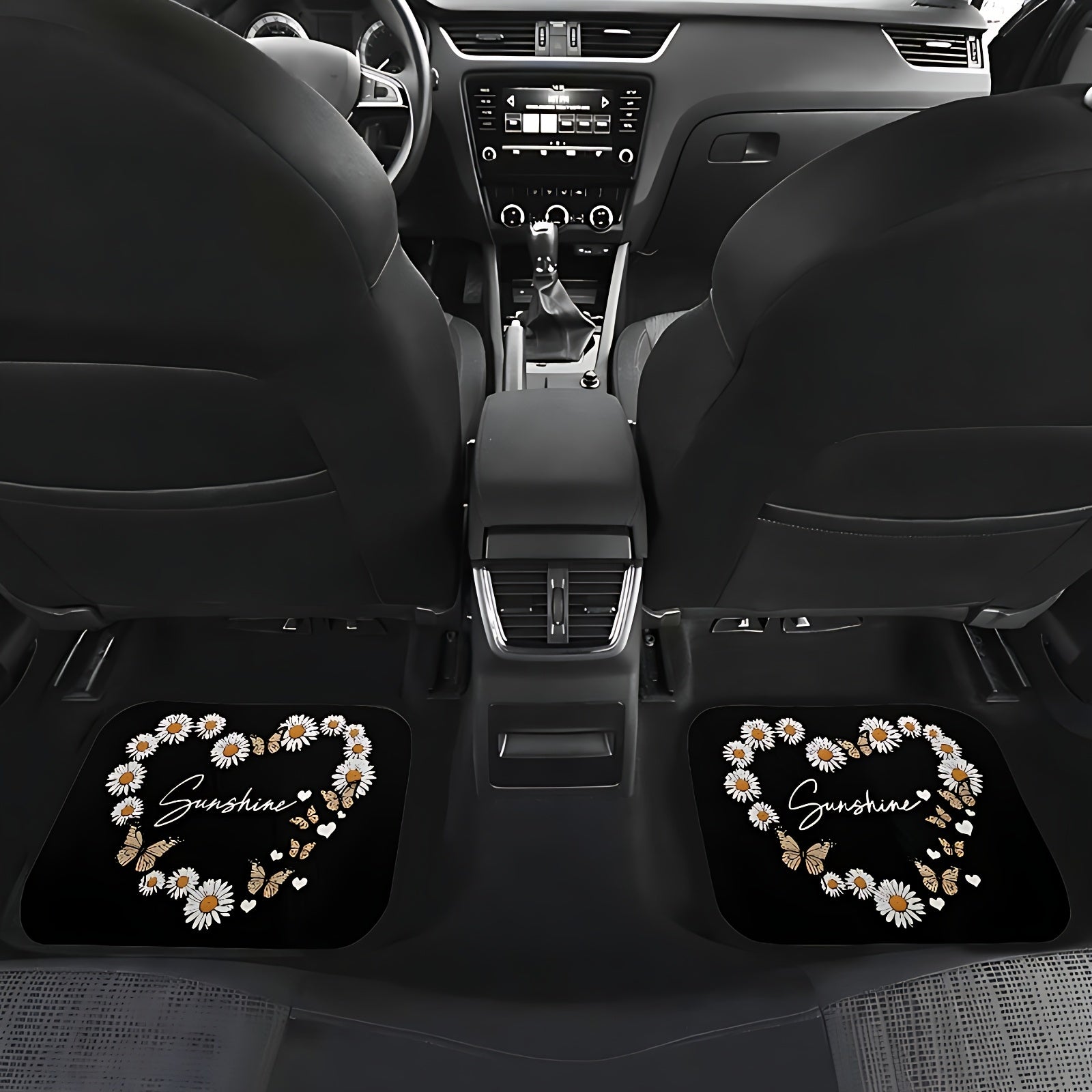 4Pcs Heart-Shaped Daisy Pattern Car Floor Mats Water-Absorbent Anti-Slip Durable