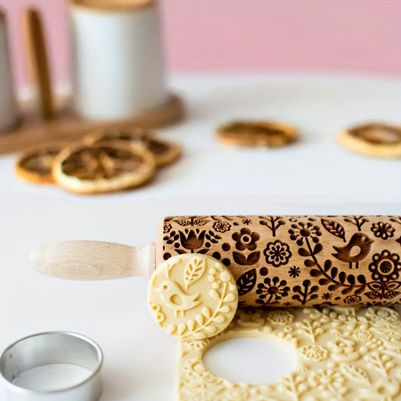 Wooden Rolling Pin with Embossed Patterns for Cookies and Dough