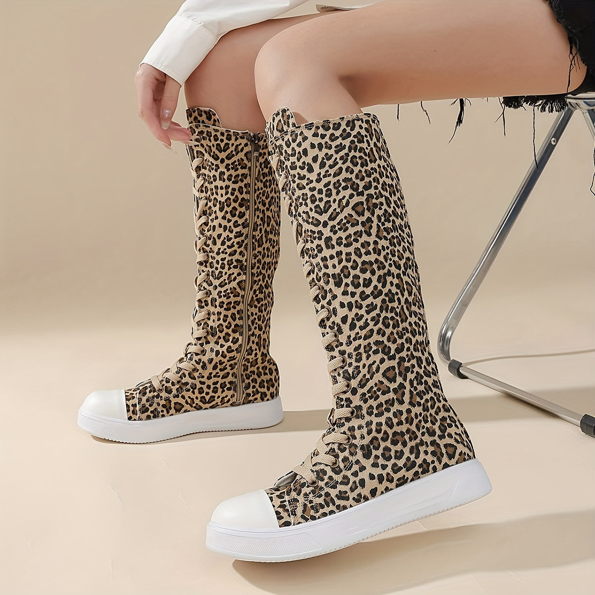Women's Leather Leopard Print Casual Mid-Calf Boots With Zipper