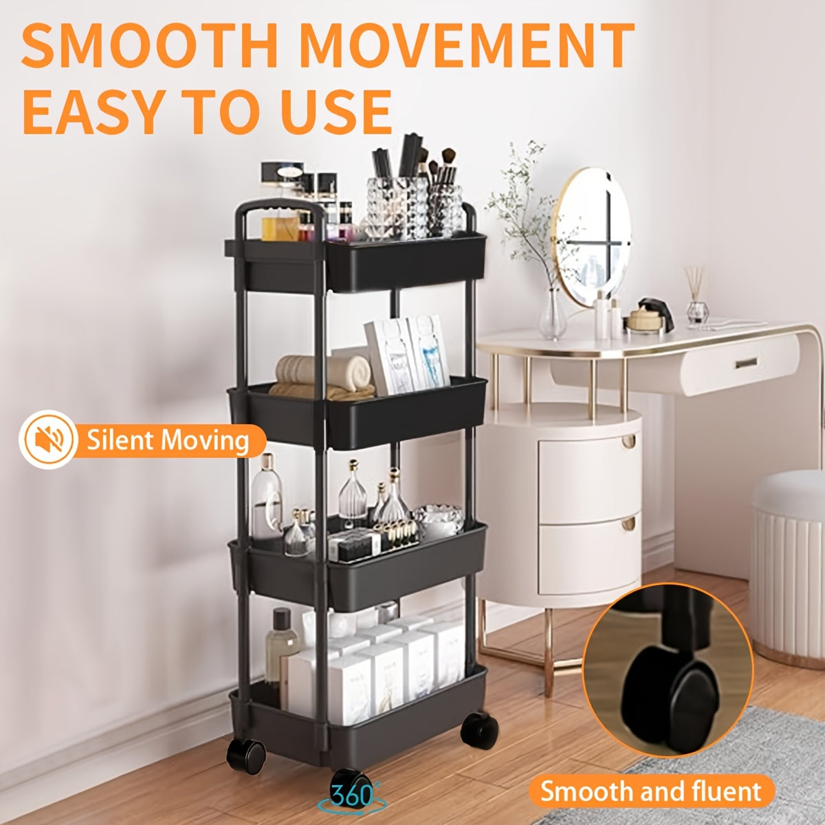 Черная 4-х уровневая пластиковая тележка на колесиках с ручкой, идеально подходит для офиса, гостиной, кухни или спальни, многофункциональная тележка для хранения на колесах