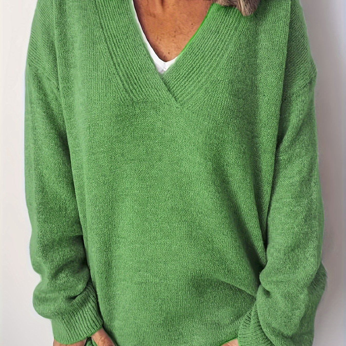 Women's Plus Size V-Neck Knitted Sweater Long Sleeve Casual Pullover