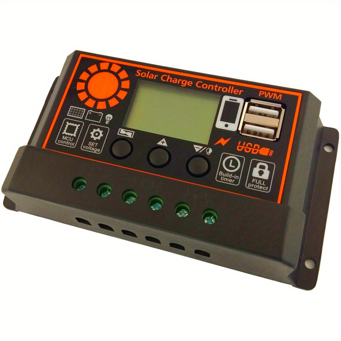 Черный регулятор заряда солнечной панели 12В/24В PWM с двойным USB LCD-дисплеем