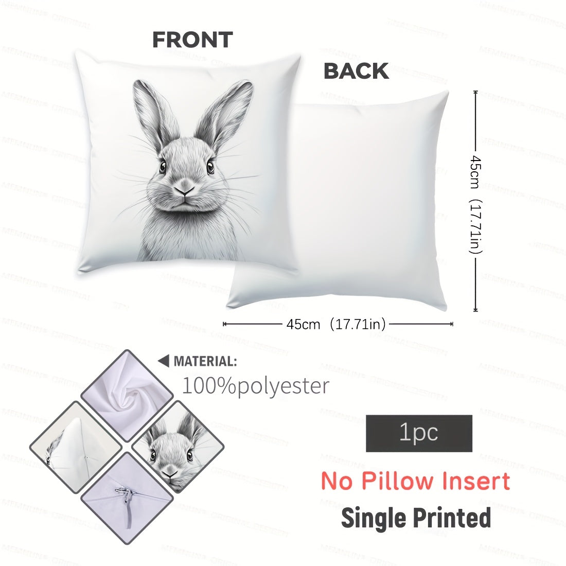 Black and White Bunny Sketch Pillow Cover Made of Peach Skin Velvet Zipper Closure for Home Decor Sofa Bedroom