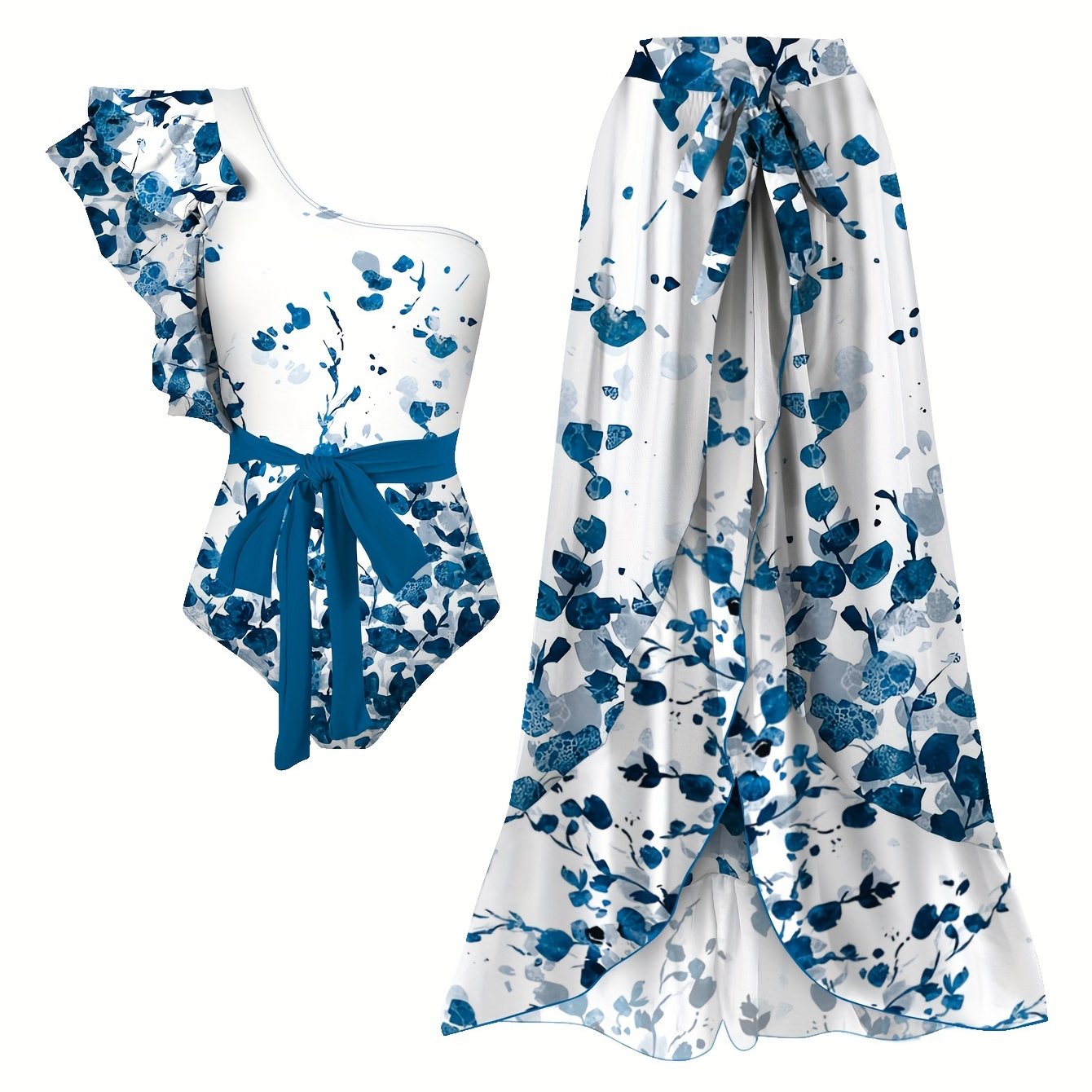 Women's Floral One-Shoulder Swimsuit Set with Blue Leaf Print High-Waisted Bottoms Ruffled Top Polyester Spandex