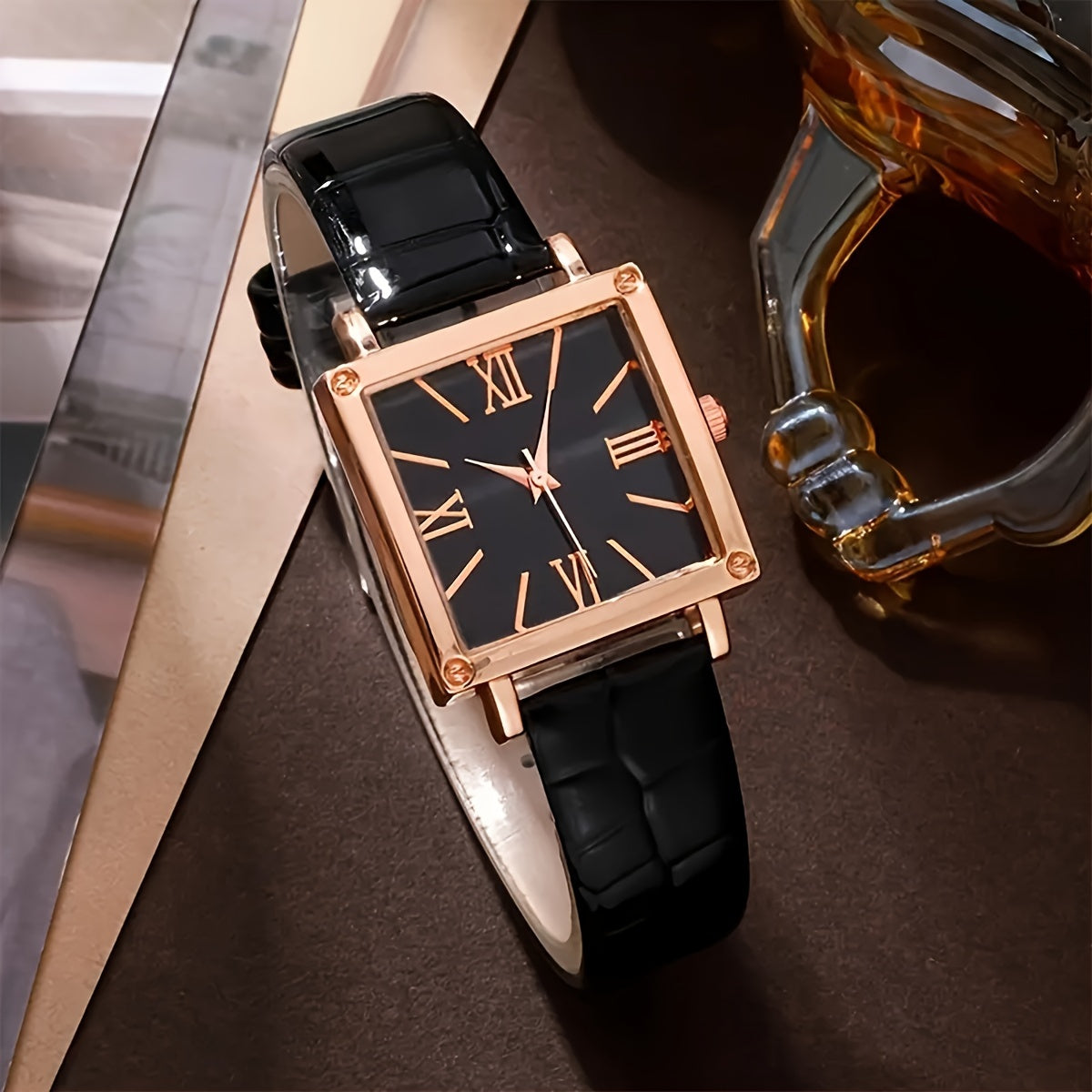 5 ta ayollar uchun kvadrat kvarts soatlari to'plami, shaxsiylashtirilgan romantik dizayn va mos keladigan zargarlik buyumlari bilan