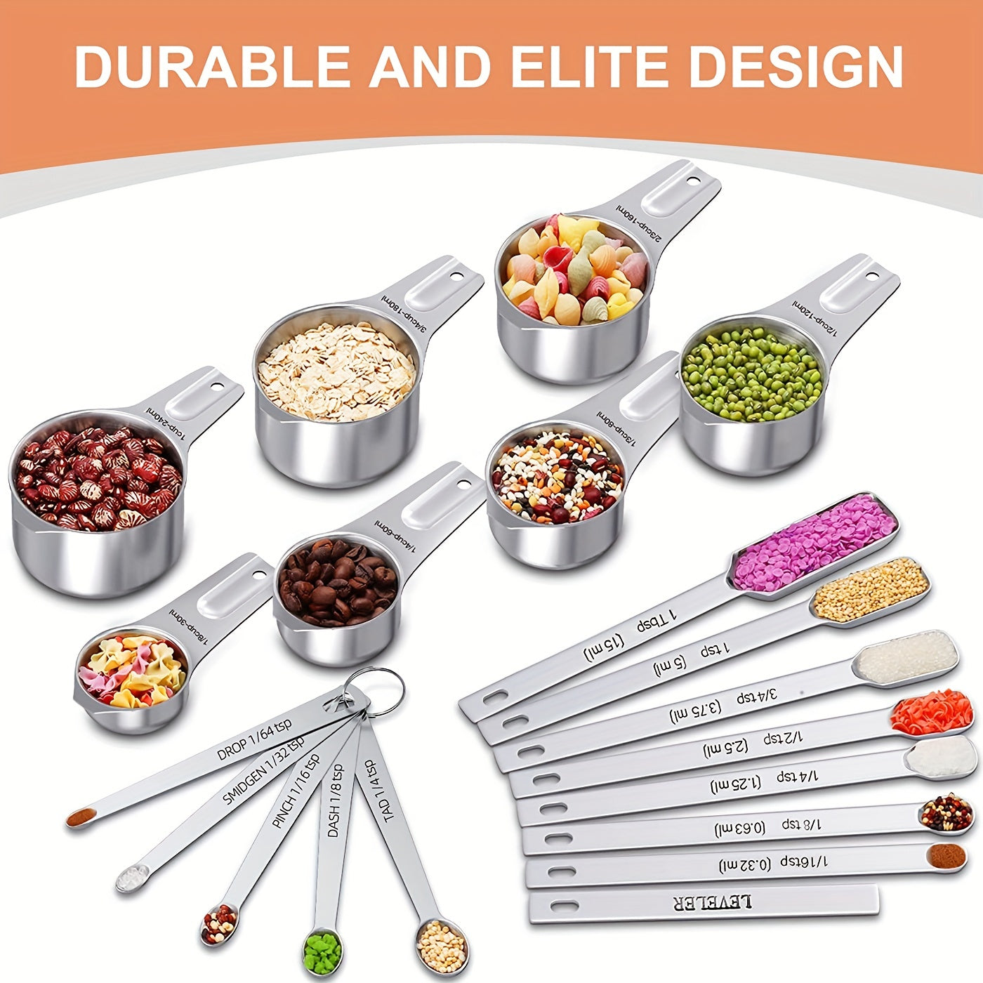Set of 20 Kitchen Measuring Cups and Spoons Stainless Steel Nesting Baking Tools