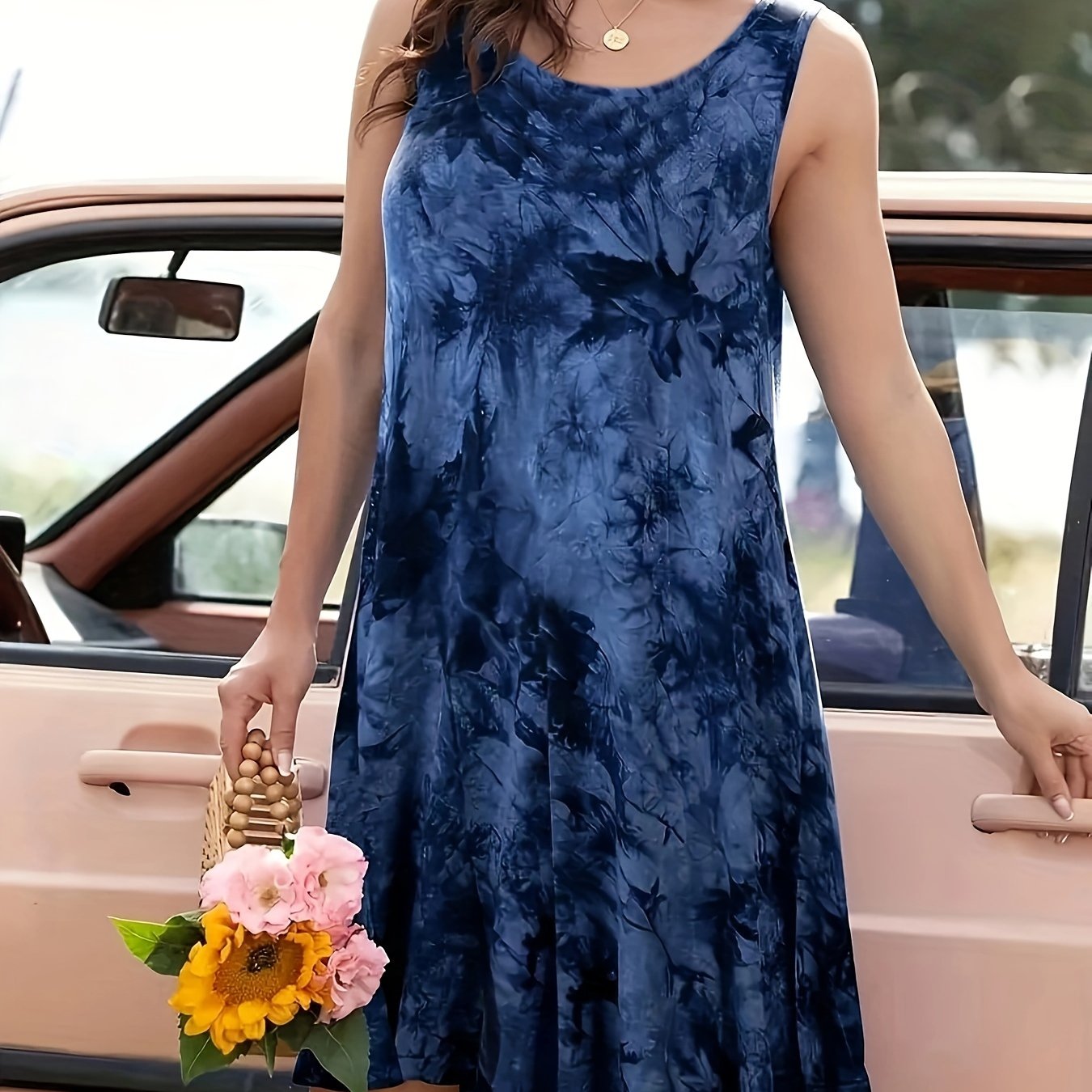 Plus Size Women's Sleeveless Tie-Dye Dress Blue Purple Swirl Summer Beach Casual