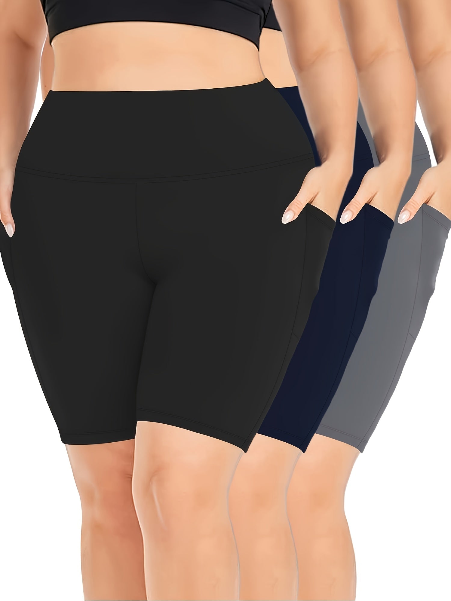 Women High Waist Slim Fit Yoga Pants Three Pack Large Size Side Pockets